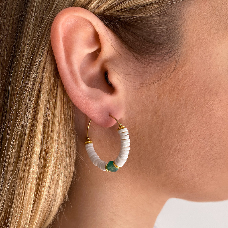 Boucles D'oreilles Dorées Coquillage et Onyx Vert