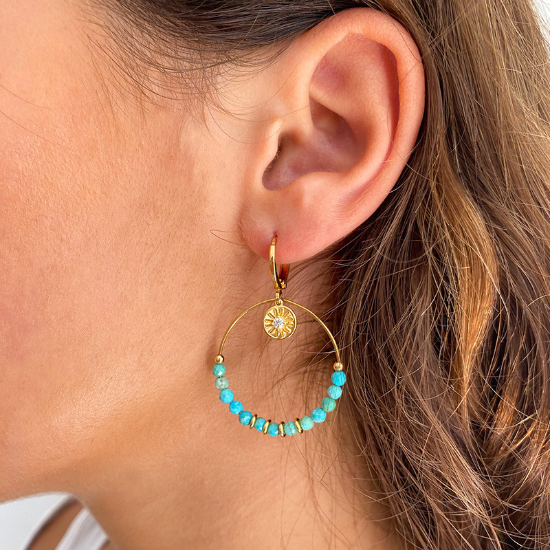 Boucles d'oreilles Dorées Turquoise et Soleil