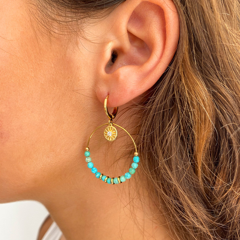 Boucles d'oreilles Dorées Turquoise et Soleil
