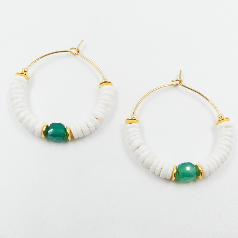 Boucles D'oreilles Dorées Coquillage et Onyx Vert