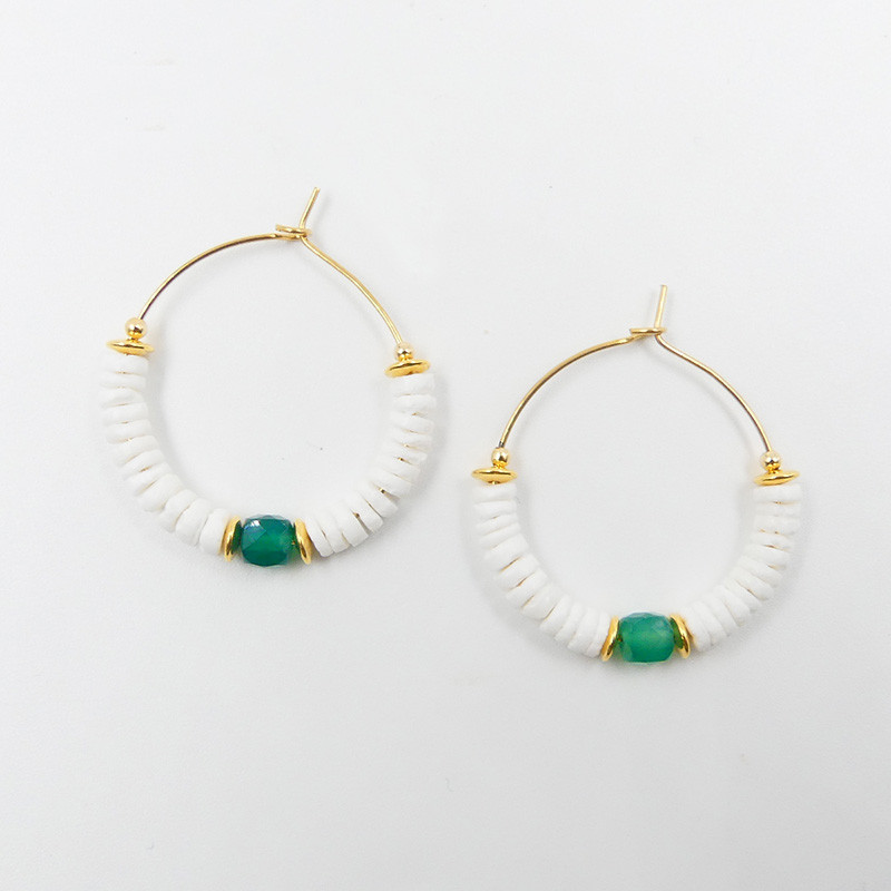 Boucles D'oreilles Dorées Coquillage et Onyx Vert