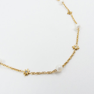 Collier acier doré perles de culture et étoiles