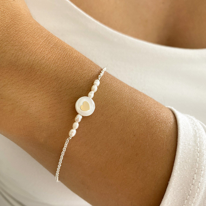 Bracelet Argent barrette de perles coeur