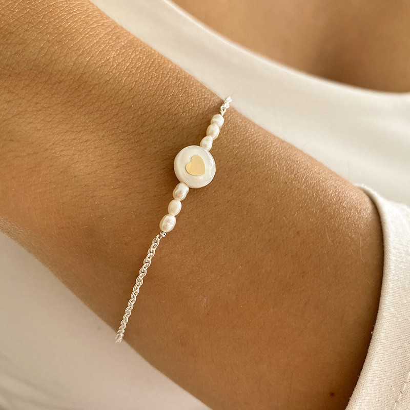 Bracelet Argent barrette de perles coeur