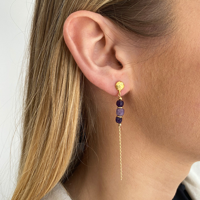 Boucles d’oreilles Dorées pendantes pierres fines