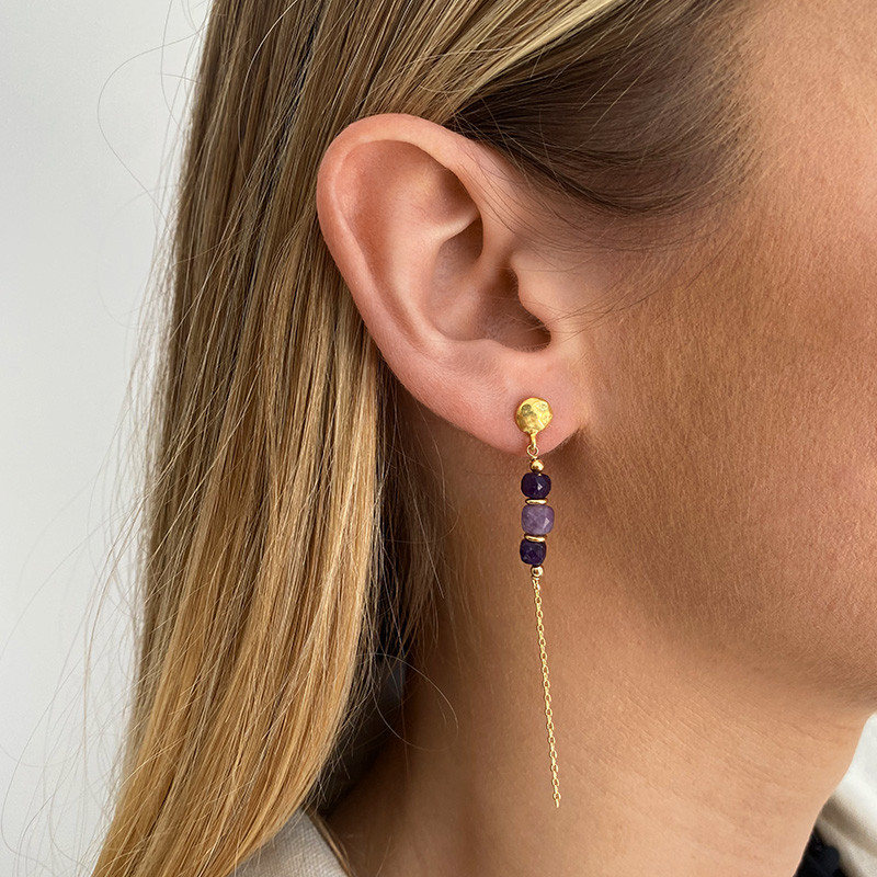 Boucles d’oreilles Dorées pendantes pierres fines