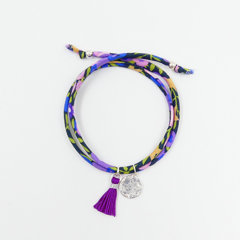 Bracelet Cordon Liberty Argent médaille et pompon violet