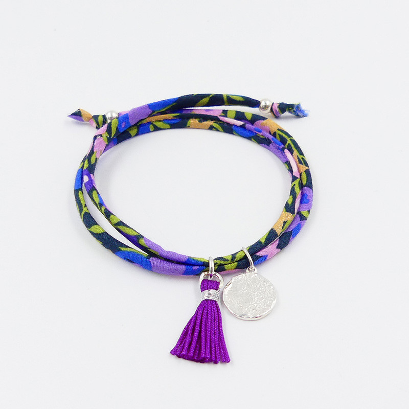 Bracelet Cordon Liberty Argent médaille et pompon violet