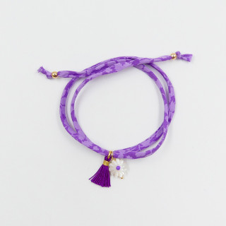 Bracelet Cordon Liberty Doré fleur et pompon violet