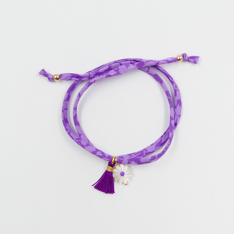 Bracelet Cordon Liberty Doré fleur et pompon violet
