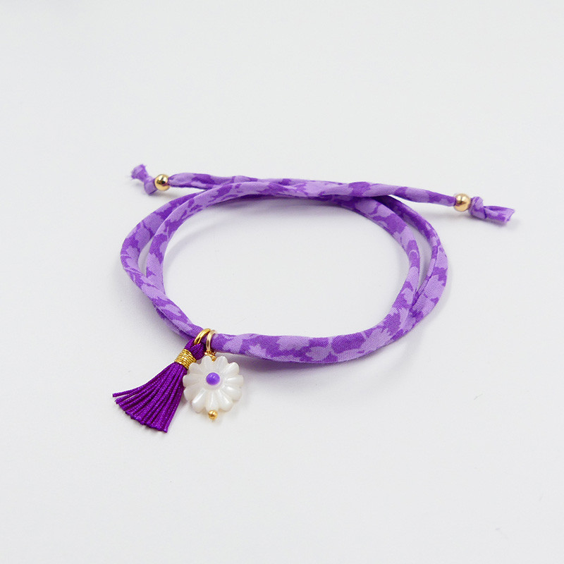 Bracelet Cordon Liberty Doré fleur et pompon violet