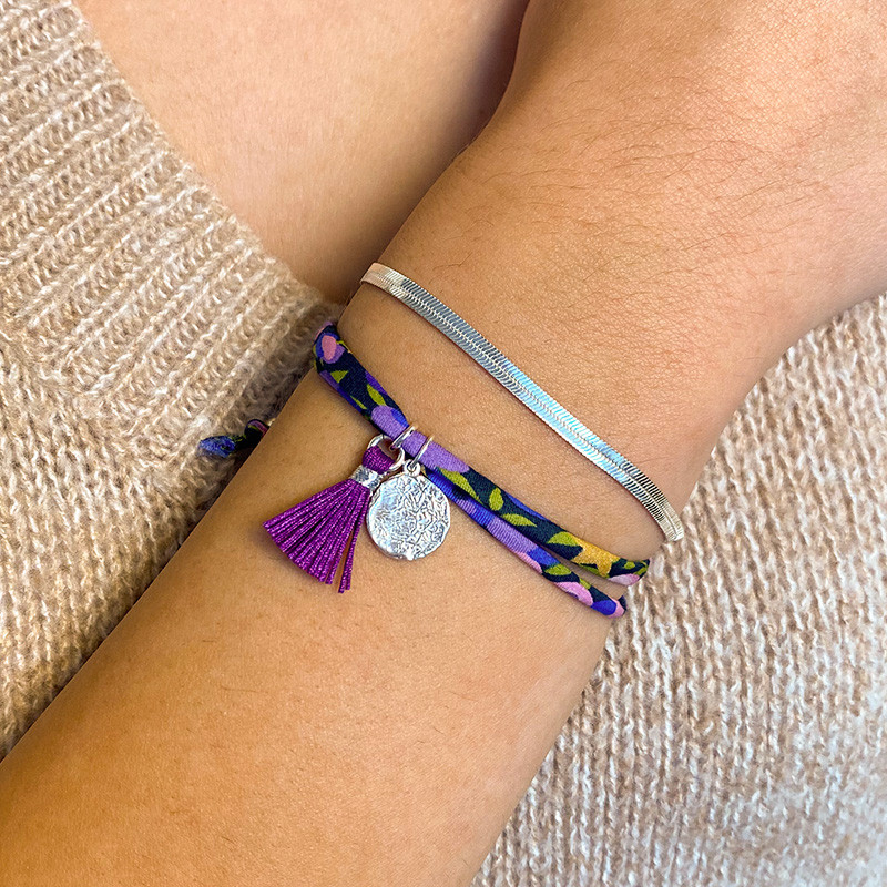 Bracelet Cordon Liberty Argent médaille et pompon violet
