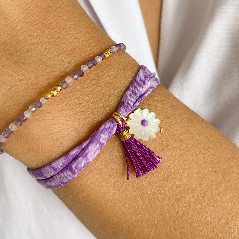 Bracelet Cordon Liberty Doré fleur et pompon violet