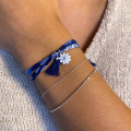 Bracelet Cordon Liberty Argent fleur et pompon bleu