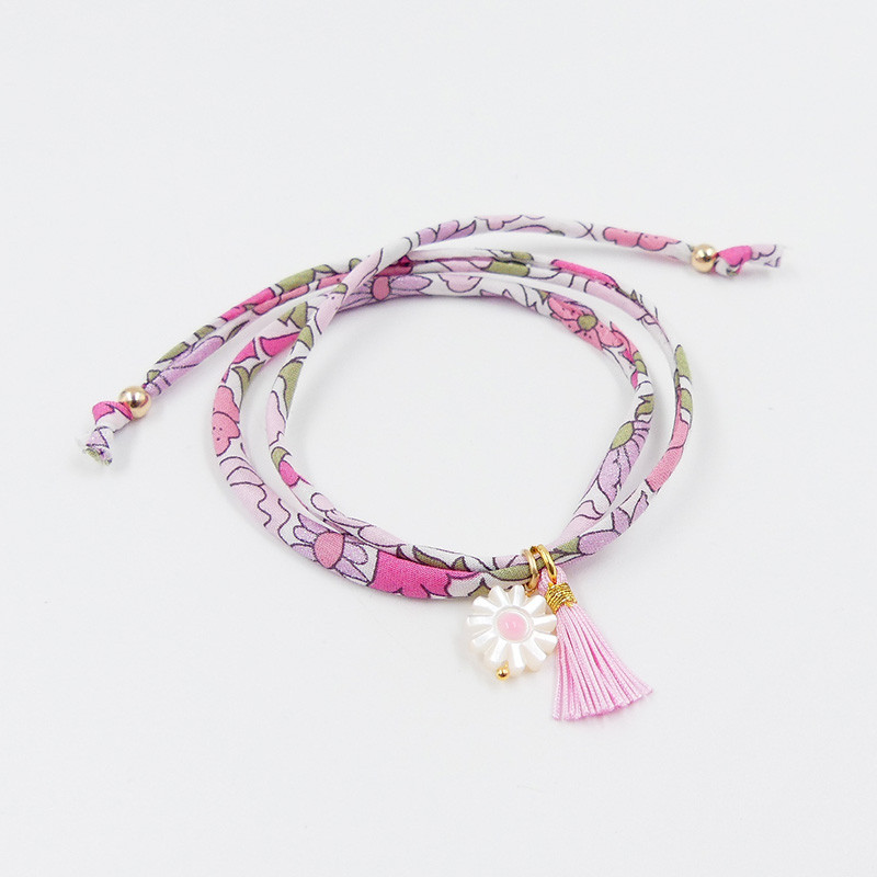 Bracelet Cordon Liberty Doré fleur et pompon rose