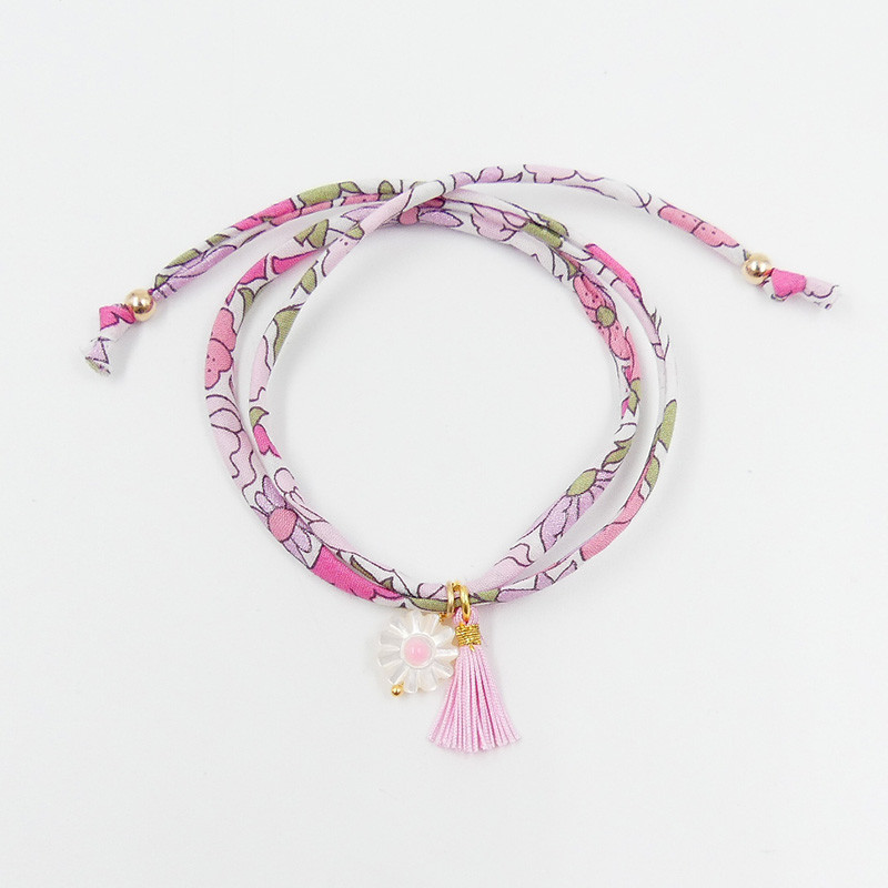 Bracelet Cordon Liberty Doré fleur et pompon rose