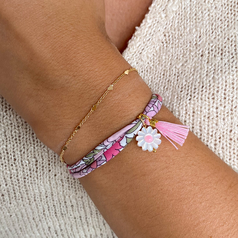 Bracelet Cordon Liberty Doré fleur et pompon rose