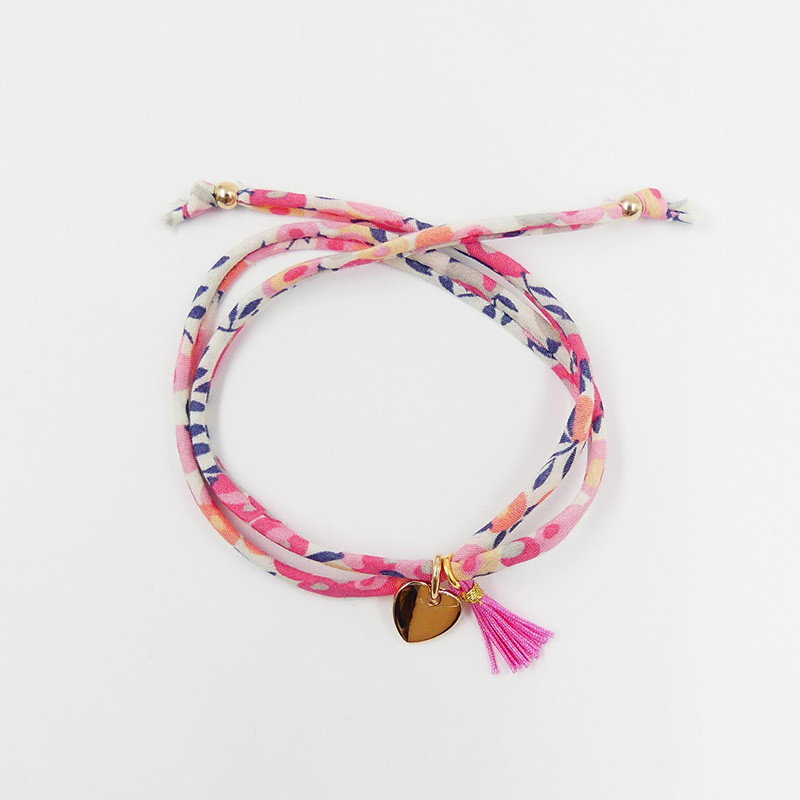 Bracelet Cordon Liberty Doré coeur et pompon rose