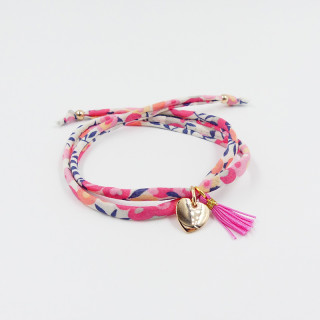 Bracelet Cordon Liberty Doré coeur et pompon rose