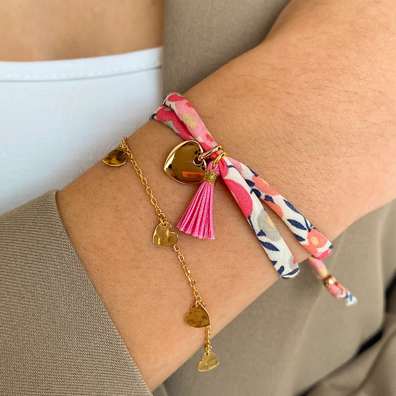 Bracelet Cordon Liberty Doré coeur et pompon rose