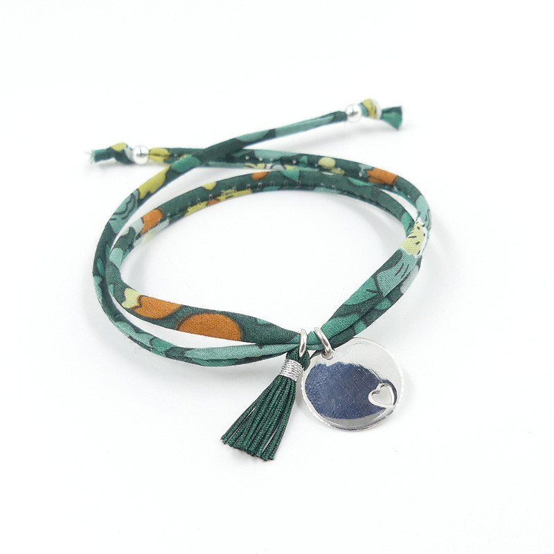 Bracelet Cordon Liberty Argent pastille coeur et pompon vert