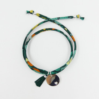 Bracelet Cordon Liberty Argent pastille coeur et pompon vert