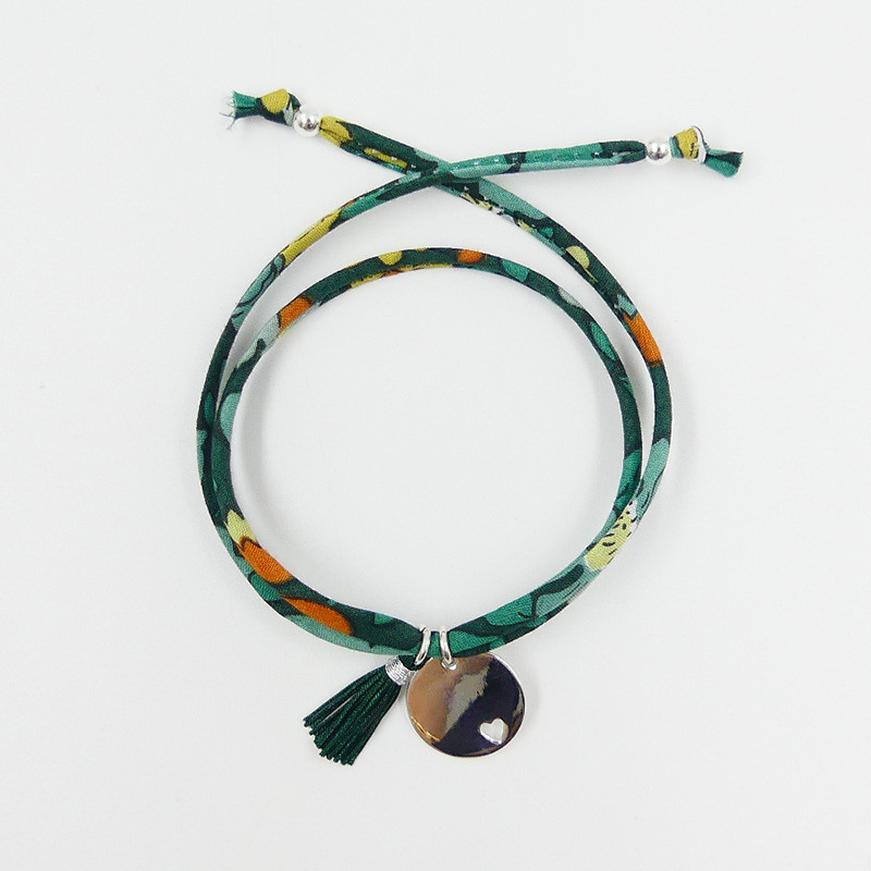 Bracelet Cordon Liberty Argent pastille coeur et pompon vert
