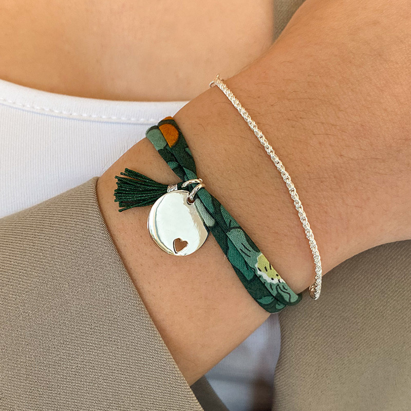 Bracelet Cordon Liberty Argent pastille coeur et pompon vert