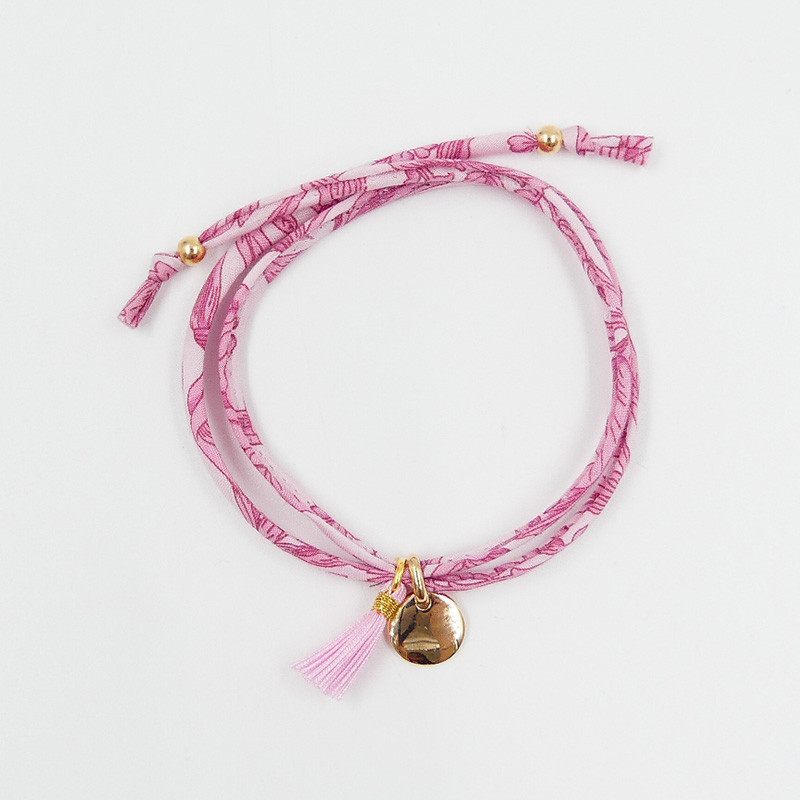 Bracelet Cordon Liberty Doré médaille et pompon rose