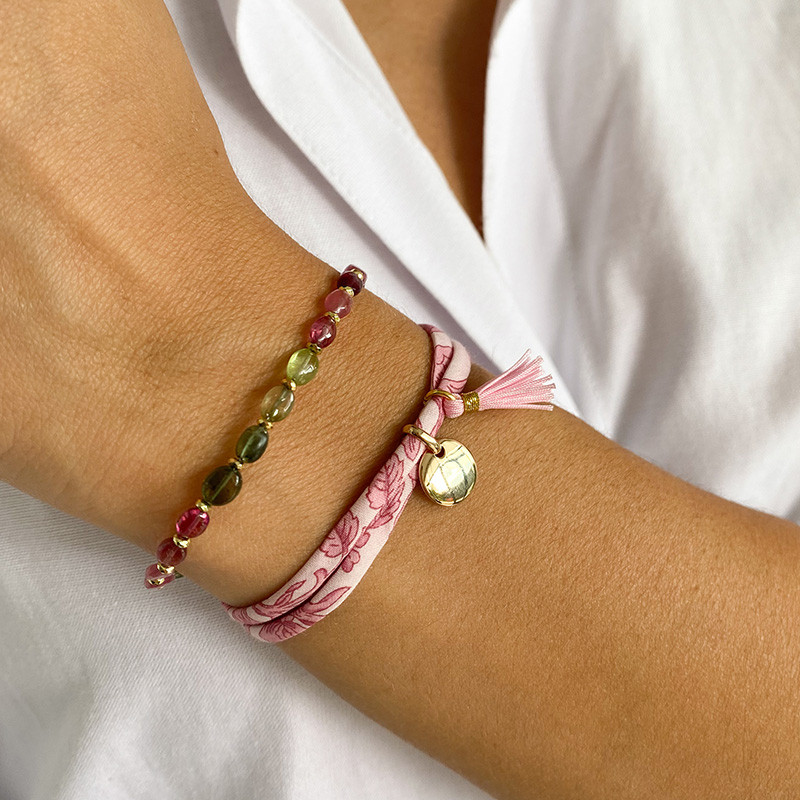 Bracelet Cordon Liberty Doré médaille et pompon rose