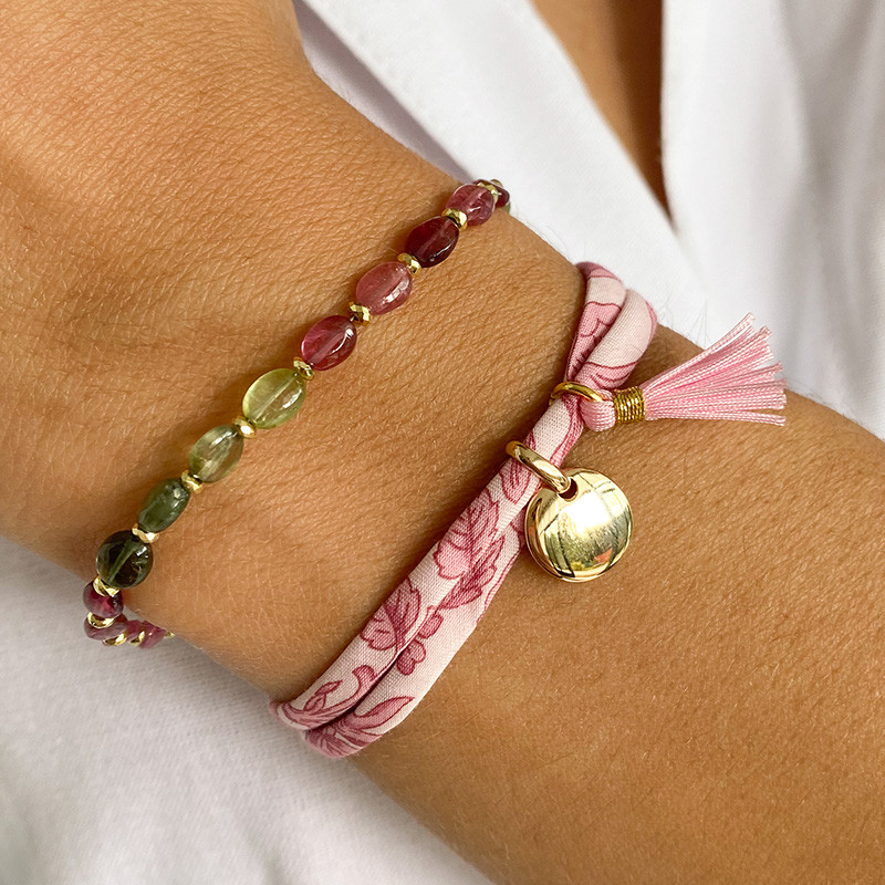 Bracelet Cordon Liberty Doré médaille et pompon rose