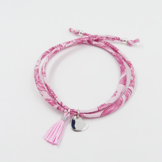 Bracelet Cordon Liberty Argent coeur et pompon rose