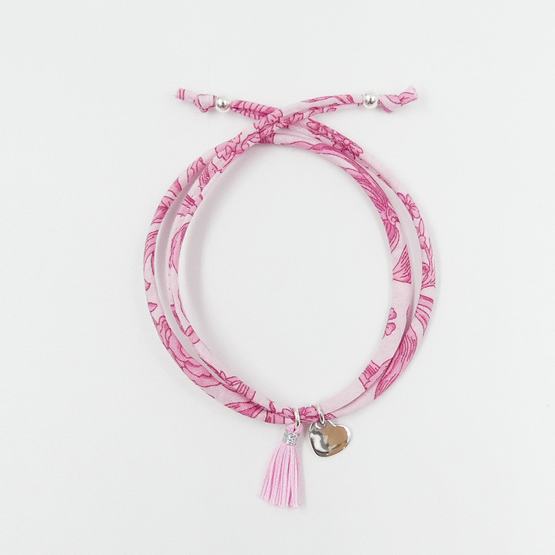 Bracelet Cordon Liberty Argent coeur et pompon rose