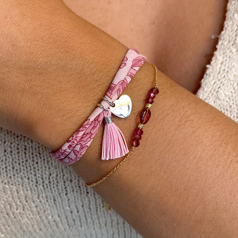 Bracelet Cordon Liberty Argent coeur et pompon rose