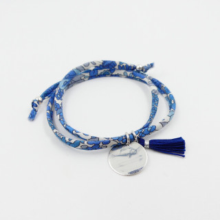 Bracelet Cordon Liberty Argent médaille et pompon bleu