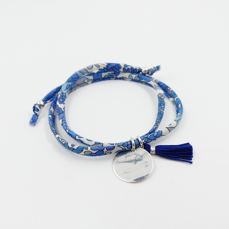 Bracelet Cordon Liberty Argent médaille et pompon bleu