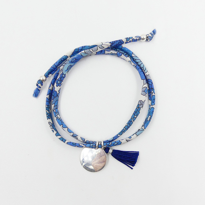 Bracelet Cordon Liberty Argent médaille et pompon bleu