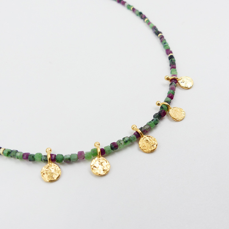 Collier Plaqué or pierres Rubis Zoisite pampilles