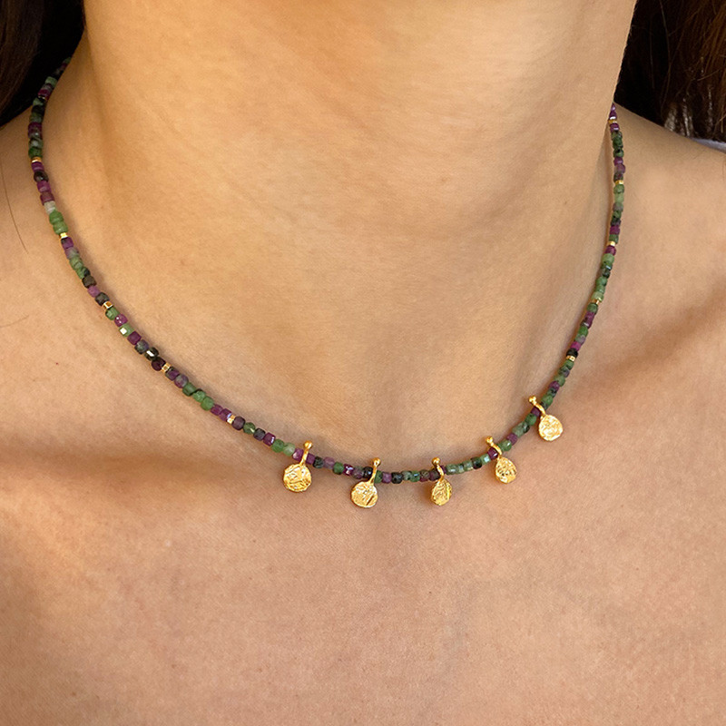 Collier Plaqué or pierres Rubis Zoisite pampilles