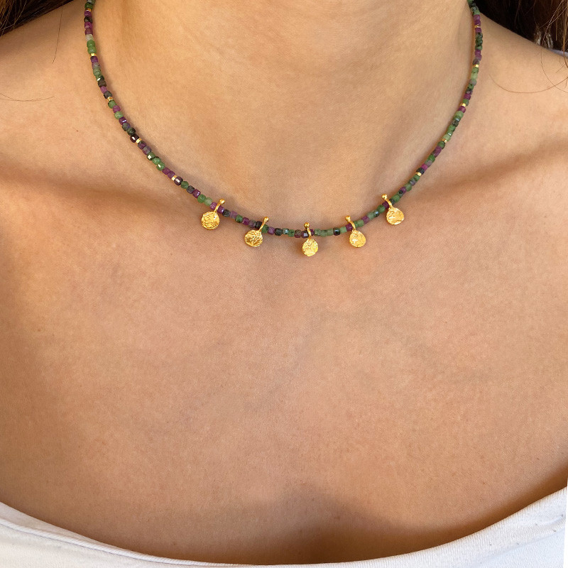 Collier Plaqué or pierres Rubis Zoisite pampilles