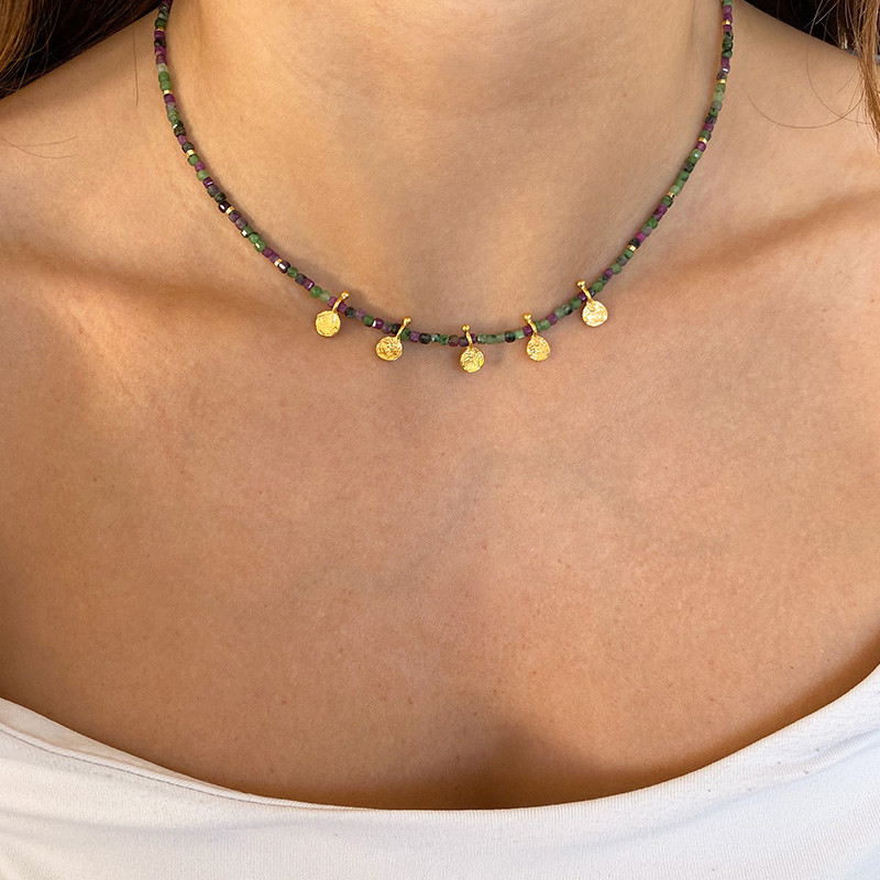 Collier Plaqué or pierres Rubis Zoisite pampilles