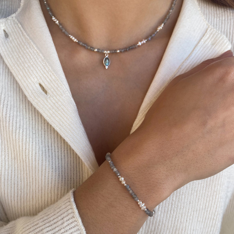 Collier Argent Labradorite et perle d'eau douce