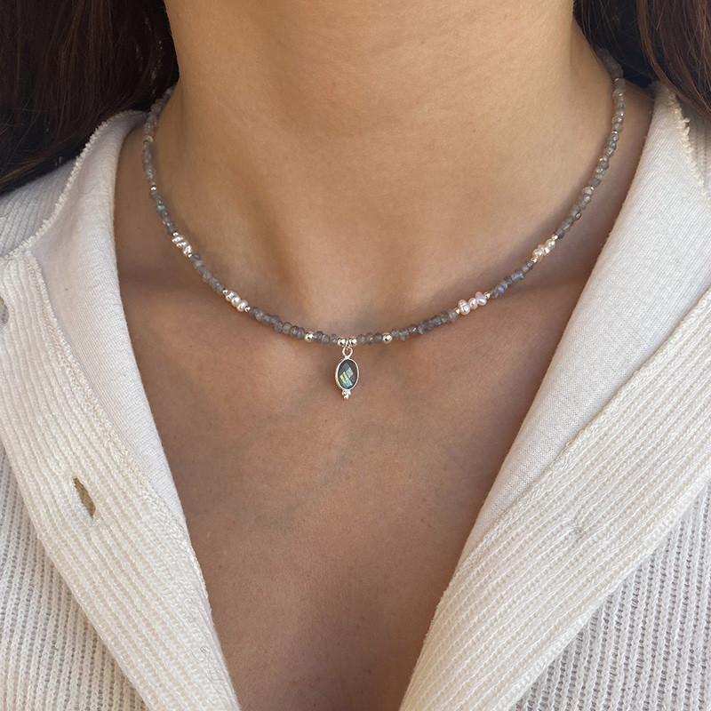 Collier Argent Labradorite et perle d'eau douce