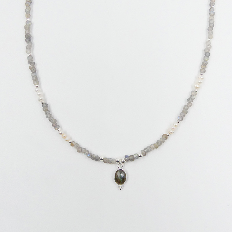 Collier Argent Labradorite et perle d'eau douce