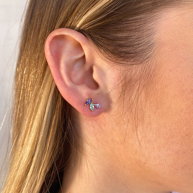 Clous d'oreilles Dorés strass bleu et violet