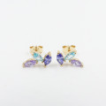 Clous d'oreilles Dorés strass bleu et violet