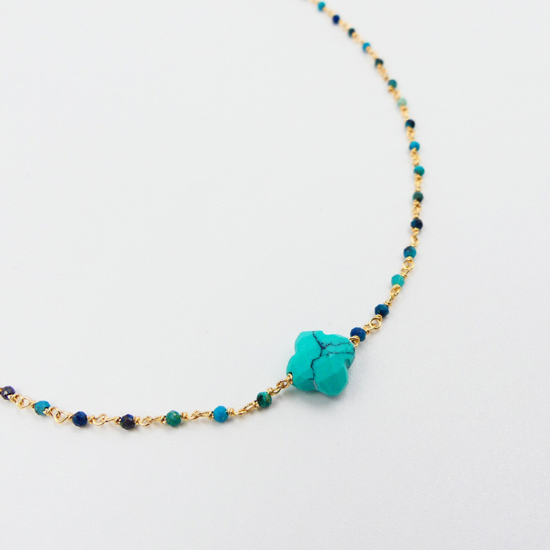 Collier Plaqué or Links et trèfle Turquoise Africaine