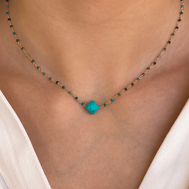 Collier Plaqué or Links et trèfle Turquoise Africaine