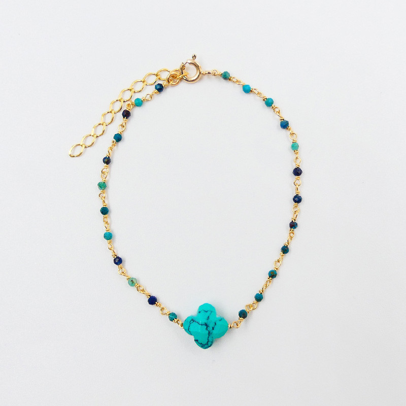 Bracelet Plaqué or Links et trèfle Turquoise Africaine