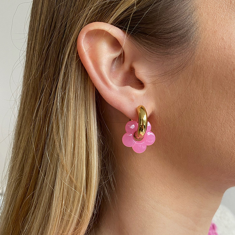 Créoles bouées 20mm acier doré et fleur rose